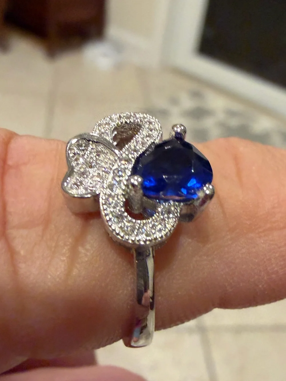 Silver Butterfly Ring with Deep Blue Sapphire Heart Gem